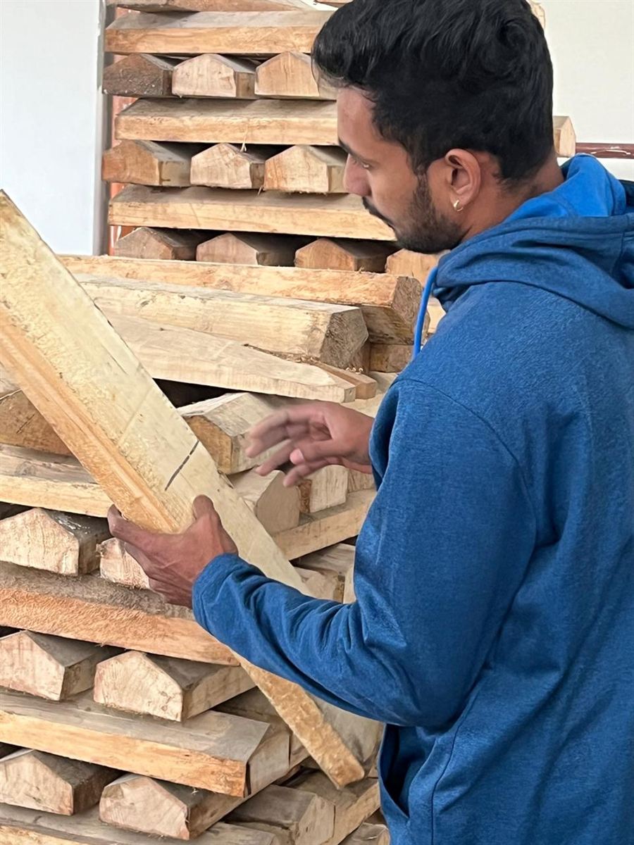 Vaz inspecting a raw willow cleft before it becomes a bat